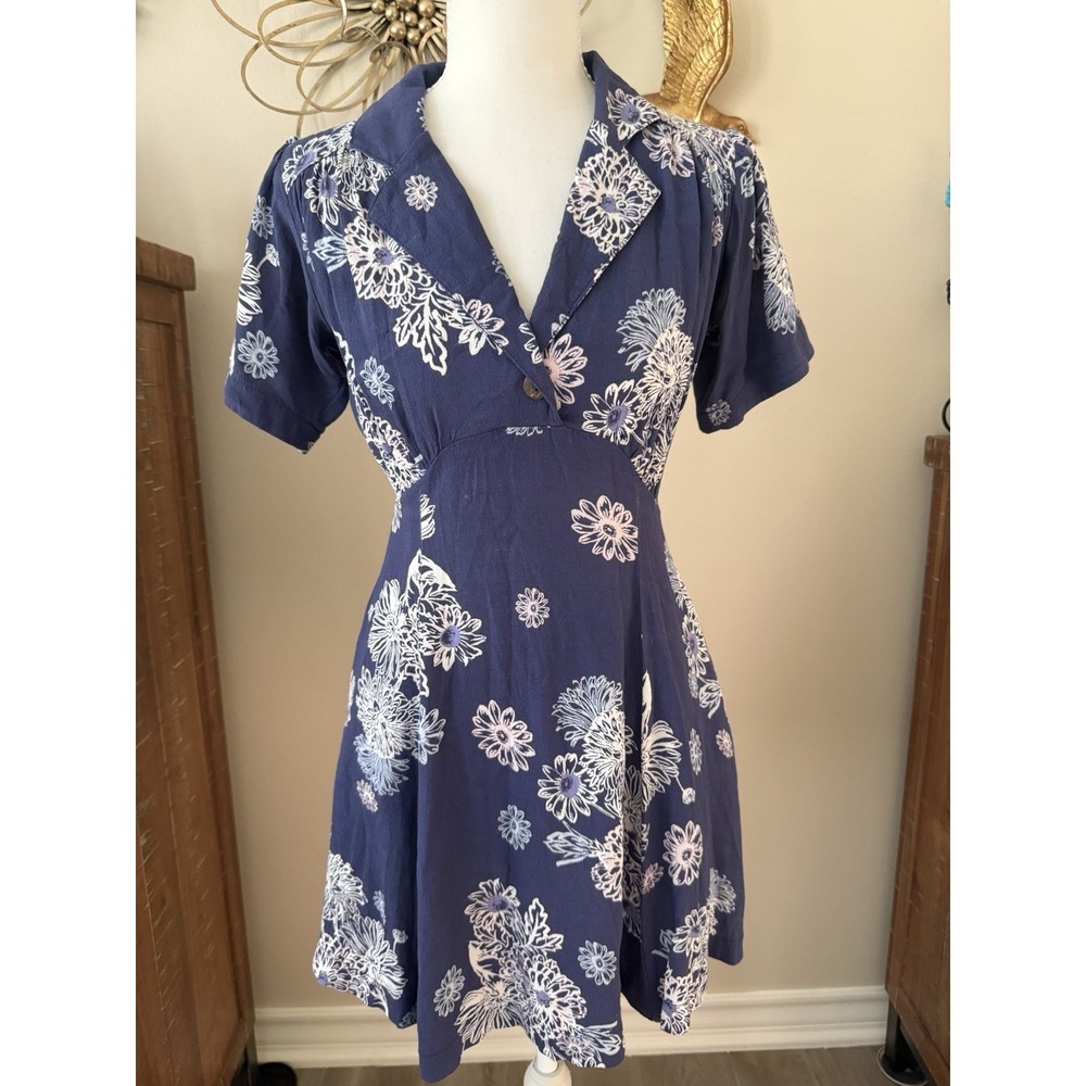 Free People Blue Floral Mini Dress Collared Pockets Fit Flare XS‎ Boho Viscose